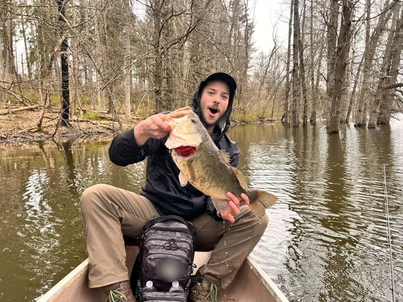 An angler in a canoe among flooded trees holds up a largemouth bass, mouth open in surprise